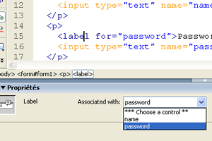 The Label Inspector allows you to add or edit the FOR attribute of a LABEL tag.