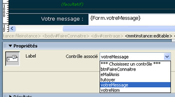 Inspecteur de LABEL dans Dreamweaver