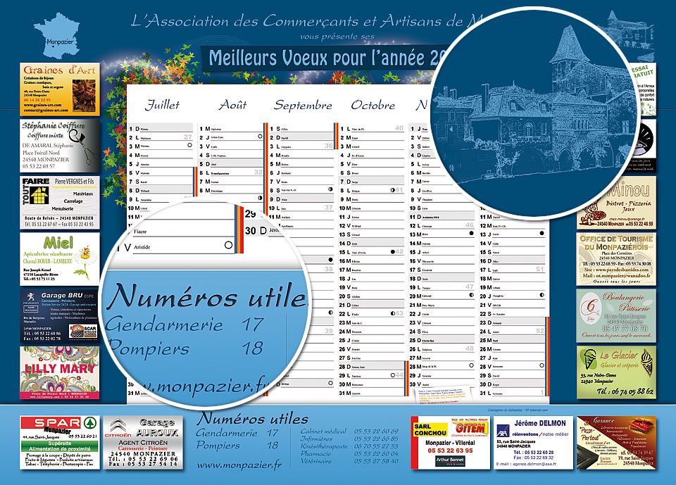 Verso du calendrier 2012 réalisé pour l'Association des Commerçants et Artisans de Monpazier